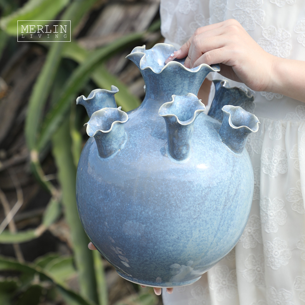 Handmade Ceramic blue flower glaze vase for home decor (6)